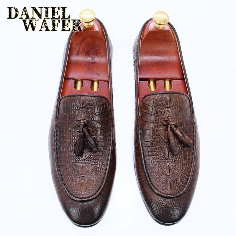 Men's Black Coffee Crocodile Print Tassel Slip-On Leather Loafers