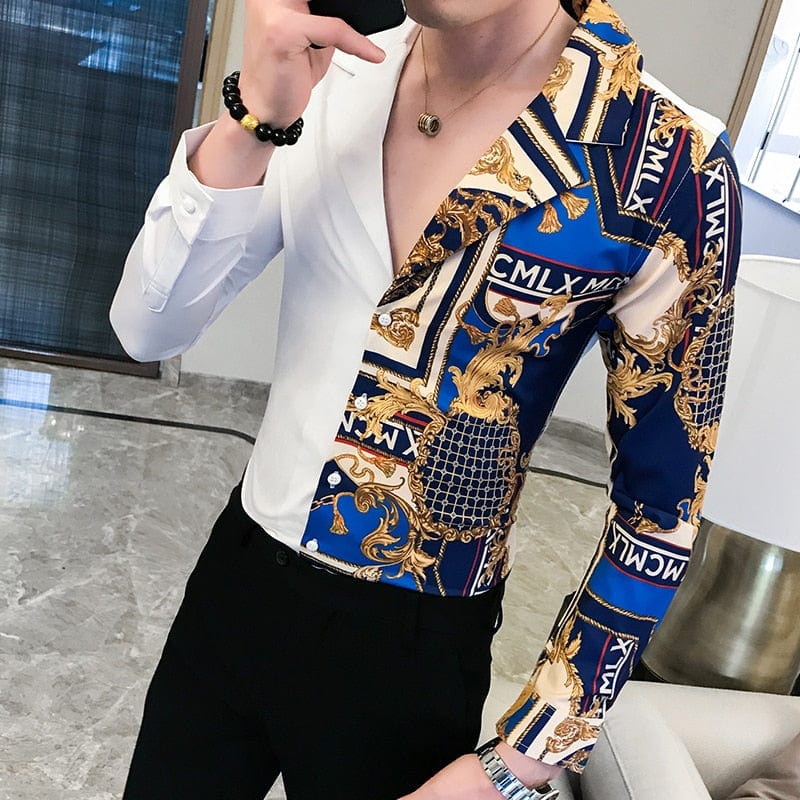 Men's Slim Fit Black Gold Print Long Sleeve Party Shirt