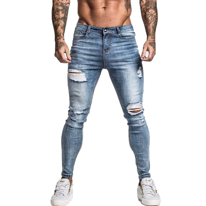 Men's Light Blue Distressed Super Skinny Stretch Jeans