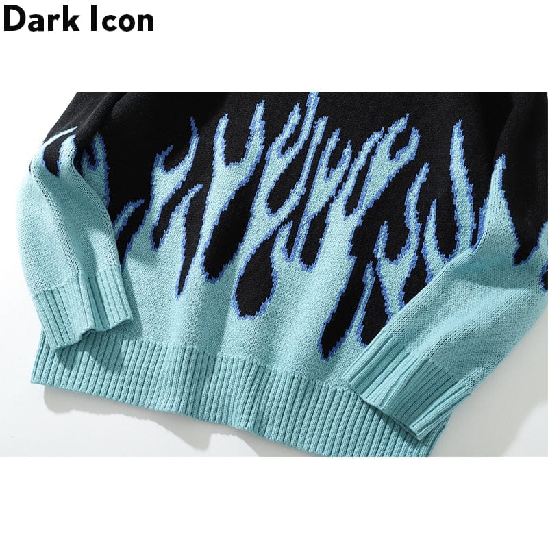 Men's Blue Flame Knit Pullover Streetwear Sweater