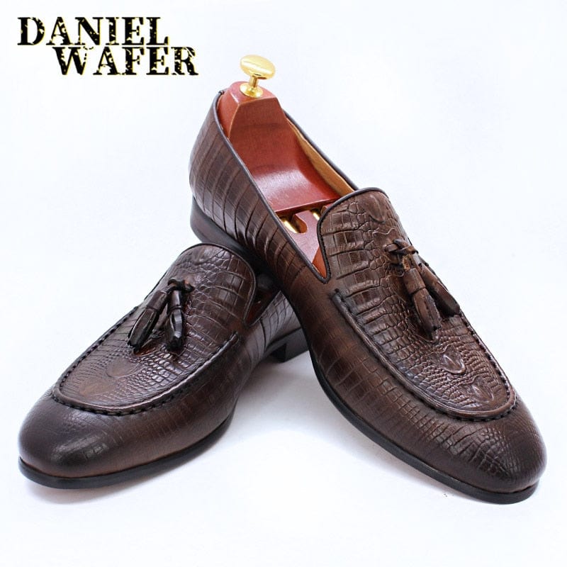 Men's Black Coffee Crocodile Print Tassel Slip-On Leather Loafers
