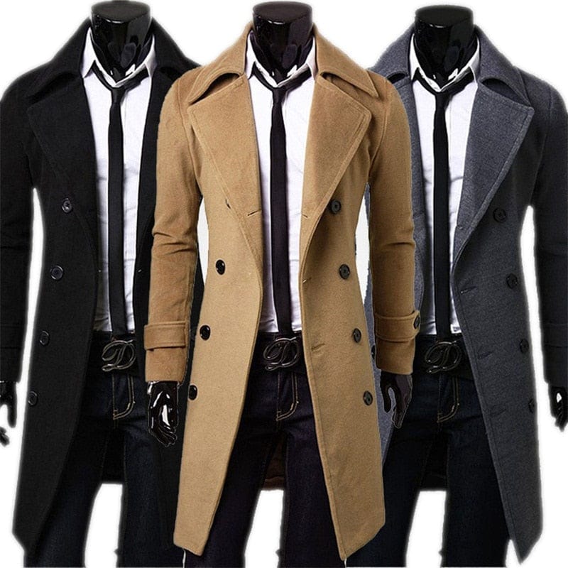 Men's Solid Color Double-Breasted Long Trench Coat