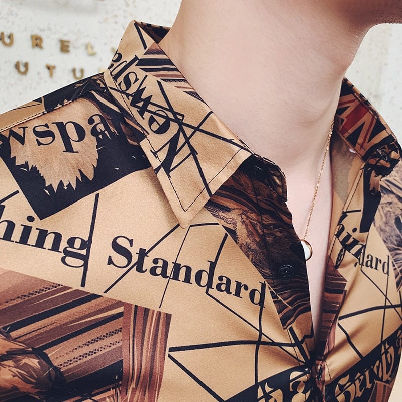 Men's Gold Newspaper Print Long Sleeve Floral Shirt