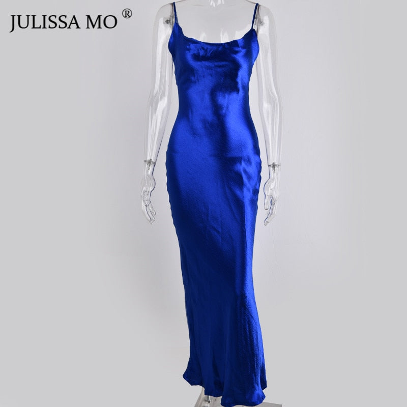 Women's Satin Lace-Up Backless Trumpet Long Party Dress