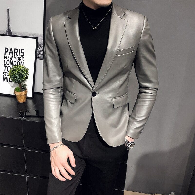 Men's Black Slim Fit PU Leather One-Button Blazer Prom Coat