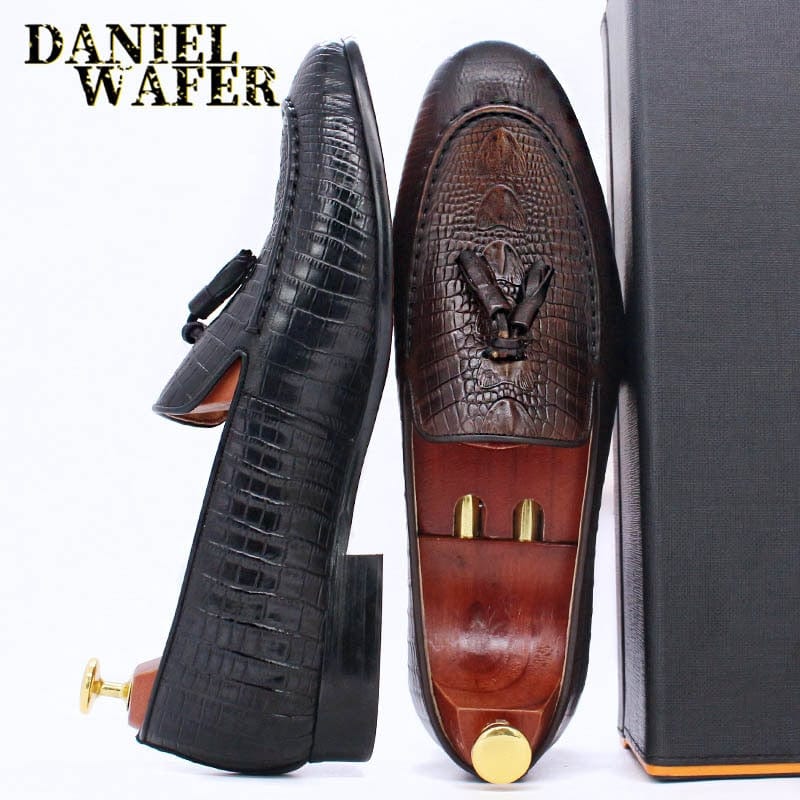 Men's Black Coffee Crocodile Print Tassel Slip-On Leather Loafers