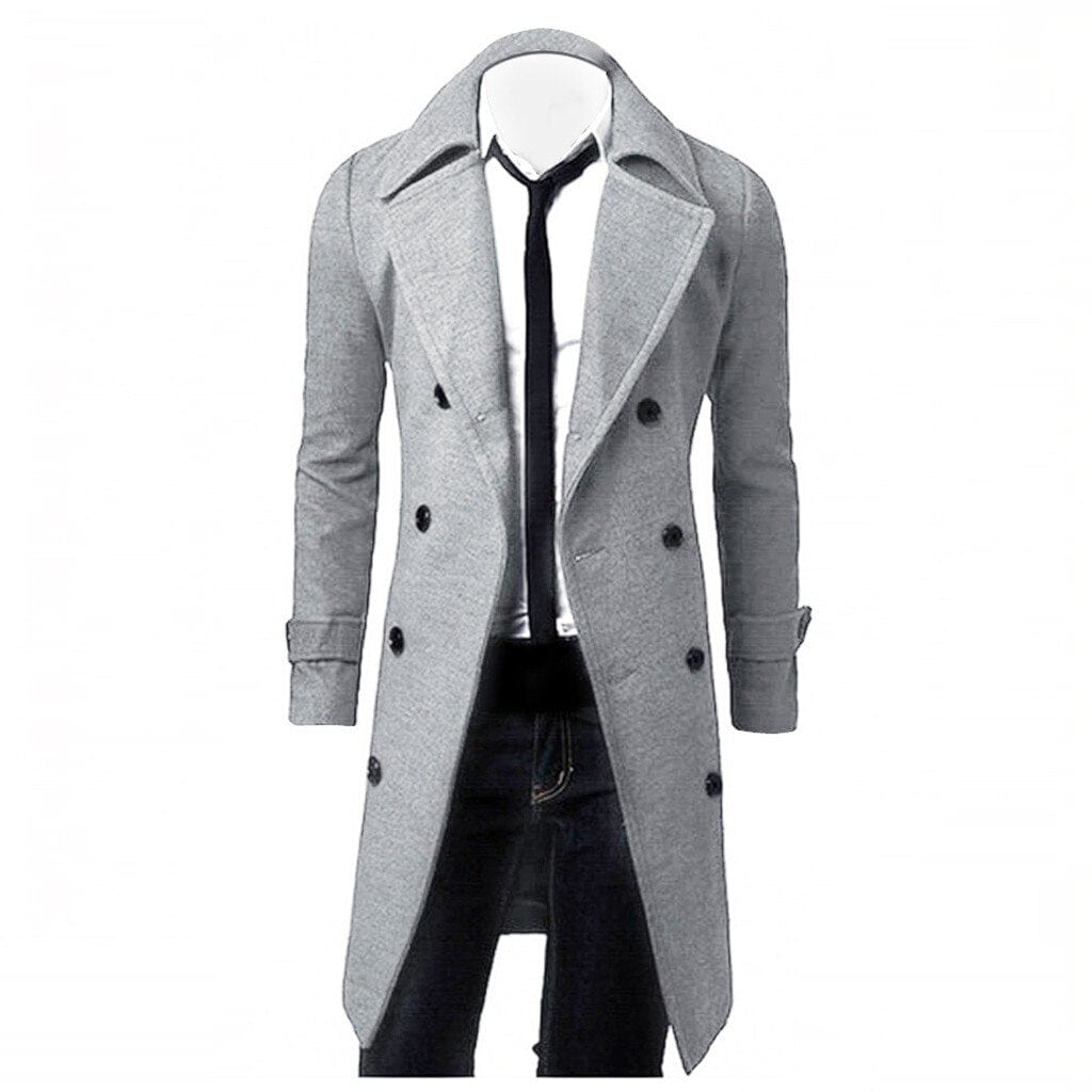 Men's Solid Color Double-Breasted Long Trench Coat