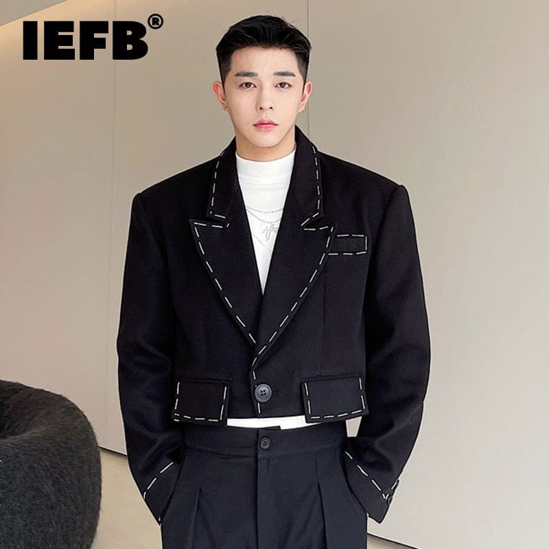 Men's Topstitched Loose Notched Woolen Suit Blazer