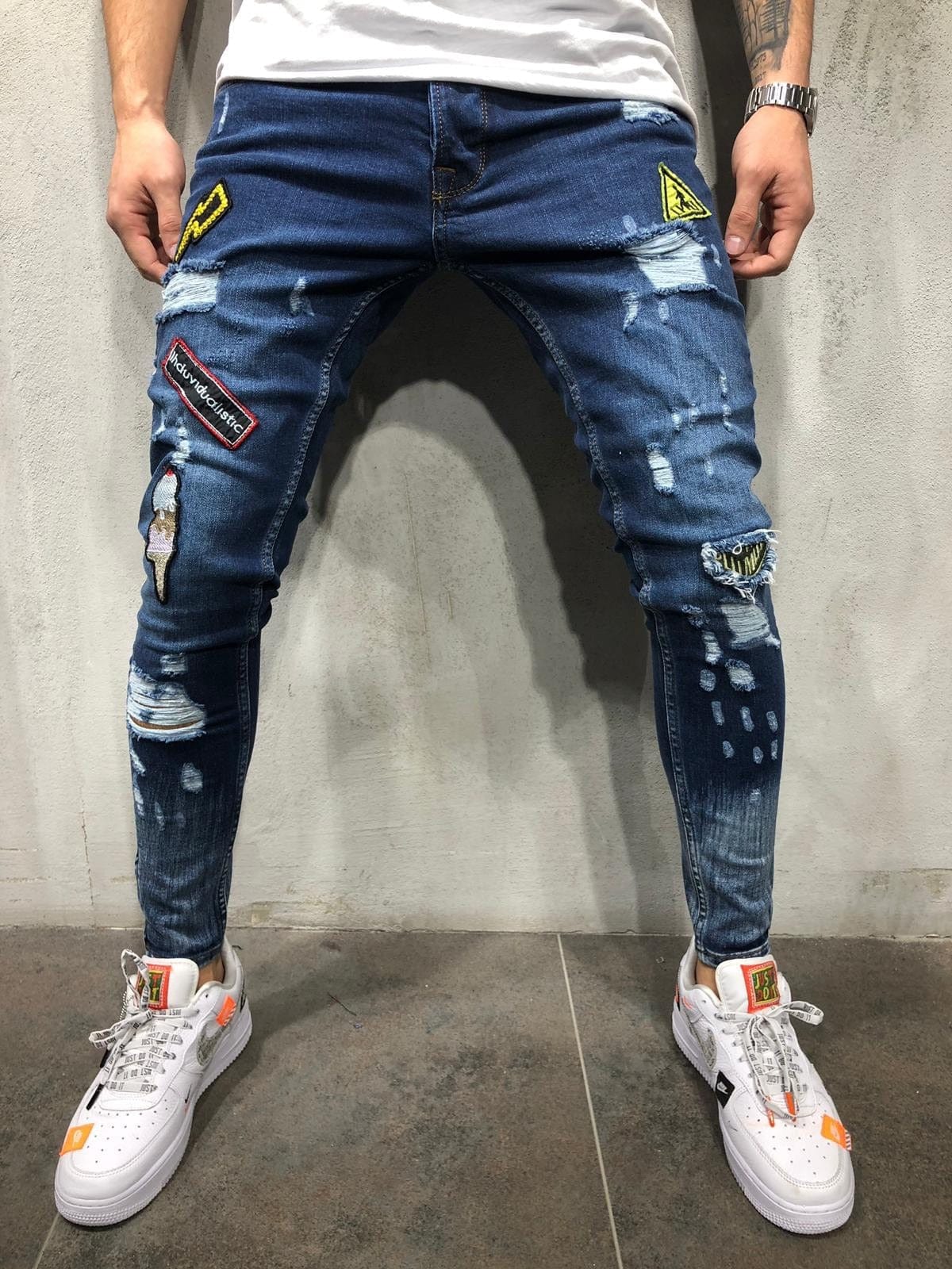 Men's Hole Badge Embroidery Skinny Denim Jeans