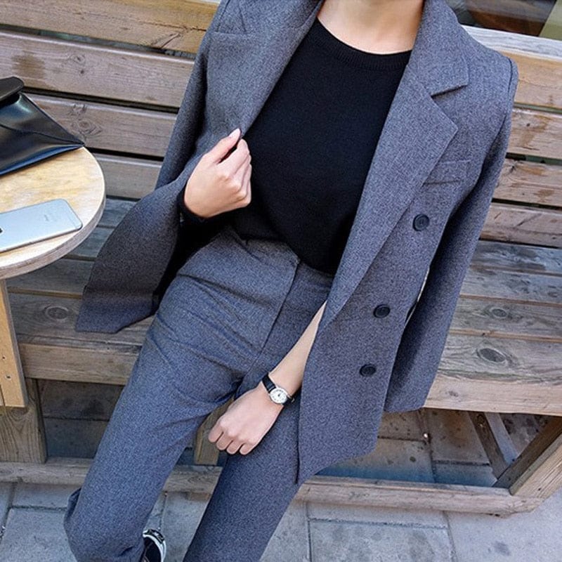 Women's Black Double-Breasted Jacket and Pants Suit Set