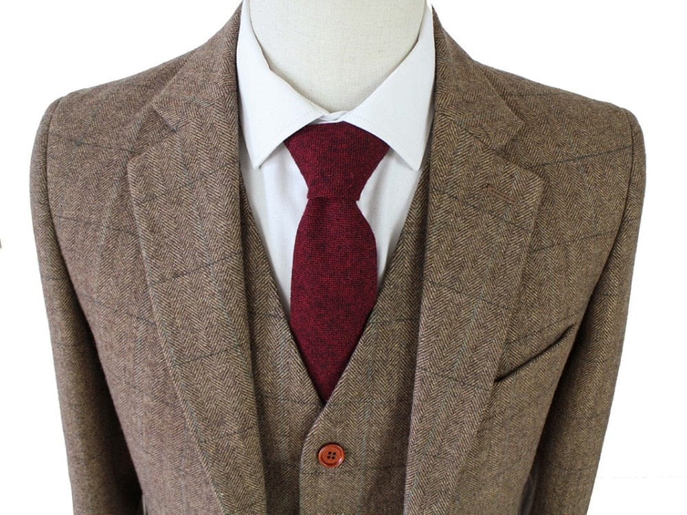 Men's Custom Slim Brown Herringbone Tweed Three-Piece Wedding Suit
