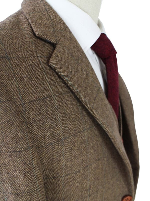 Men's Custom Slim Brown Herringbone Tweed Three-Piece Wedding Suit