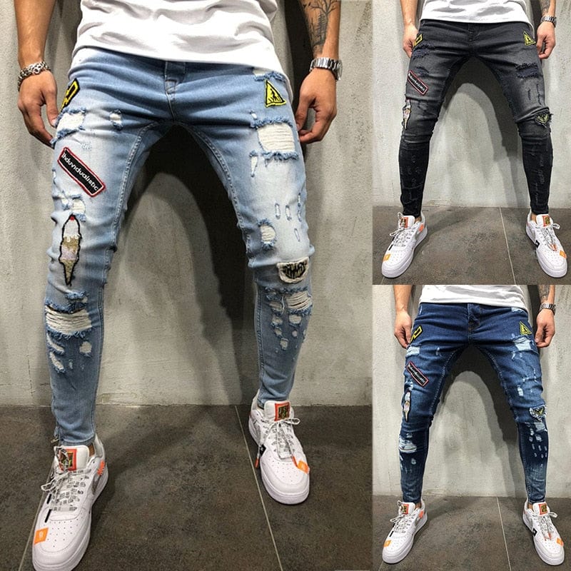 Men's Hole Badge Embroidery Skinny Denim Jeans