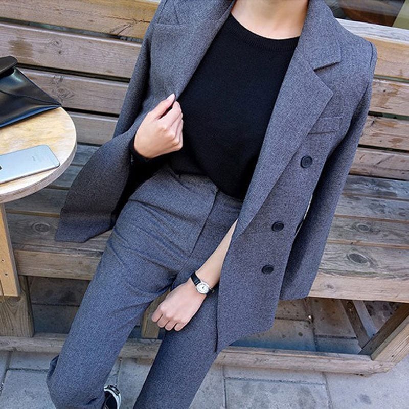 Women's Black Double-Breasted Jacket and Pants Suit Set