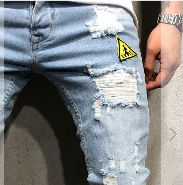 Men's Hole Badge Embroidery Skinny Denim Jeans