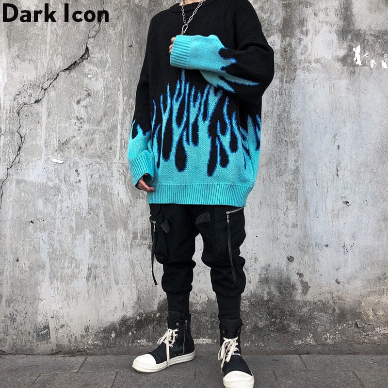Men's Blue Flame Knit Pullover Streetwear Sweater