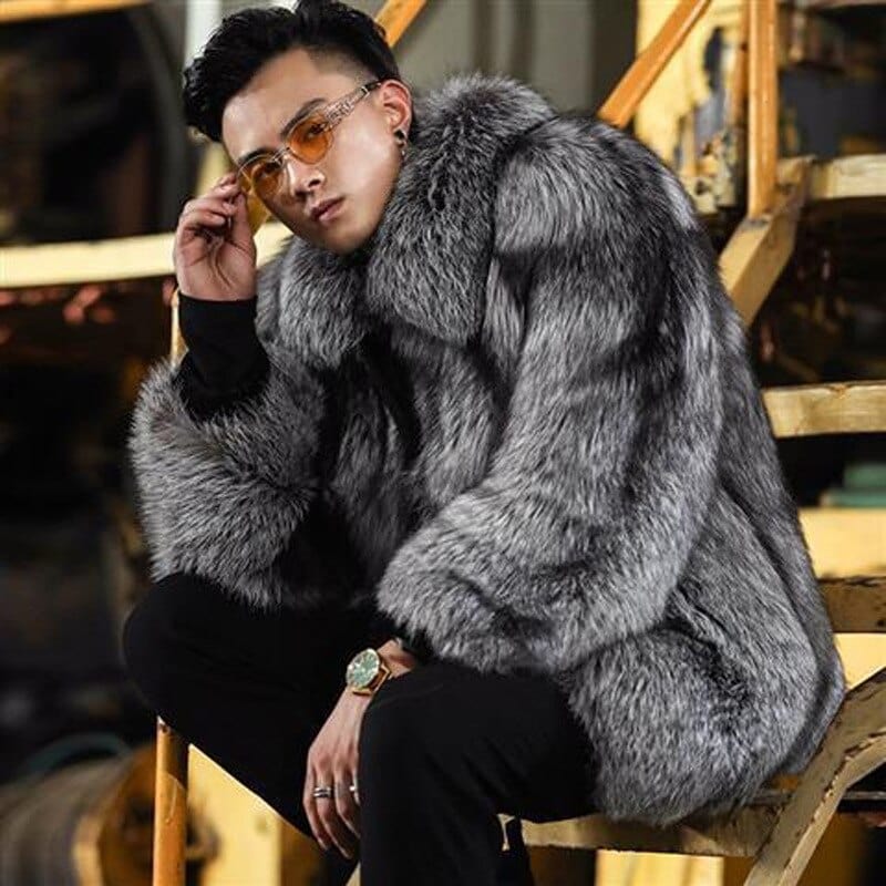 Men's Black Faux Fox Fur Winter Warm Coat Jacket