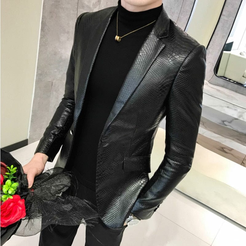 Men's Black Slim Fit PU Leather One-Button Blazer Prom Coat