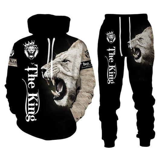 Men's 3D Lion Print Hoodie and Pants Autumn Winter Tracksuit