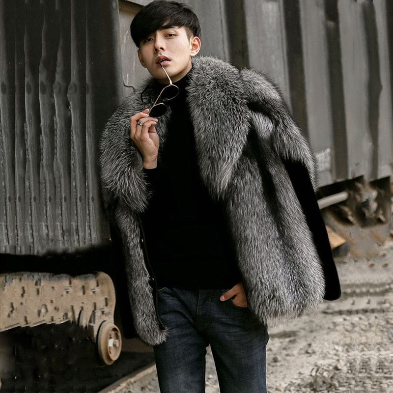 Men's Grey Faux Fur Winter Warm Coat Jacket Outwear