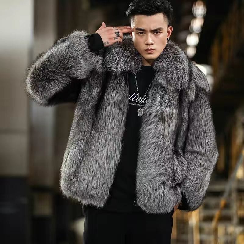 Men's Black Faux Fox Fur Winter Warm Coat Jacket