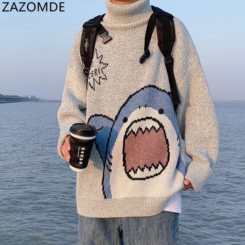 Men's Oversized Patchwork Turtleneck Sweater 2026, Grey Korean Style High Neck