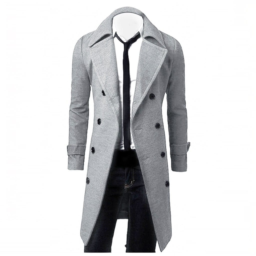 Men's Solid Color Double-Breasted Long Trench Coat