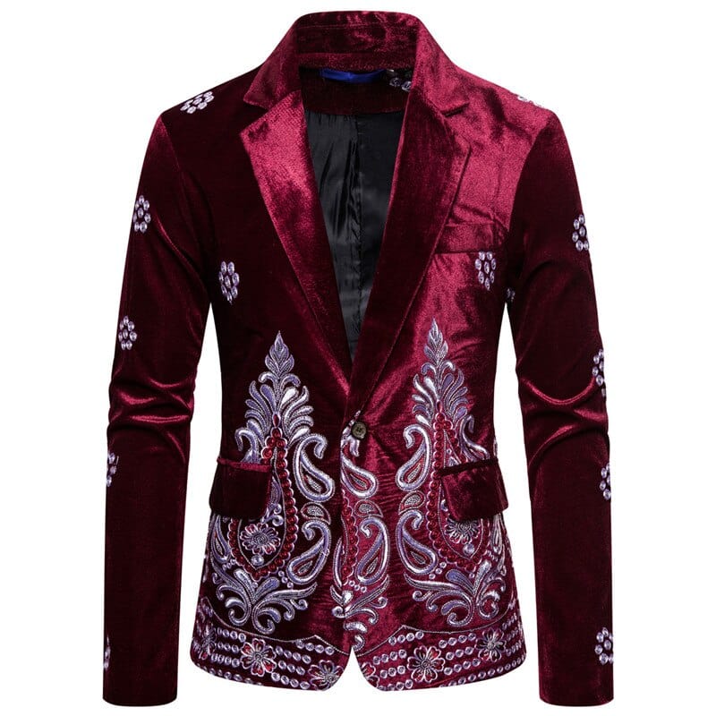 Men's Floral Embroidery Velvet Slim Fit Wedding Suit