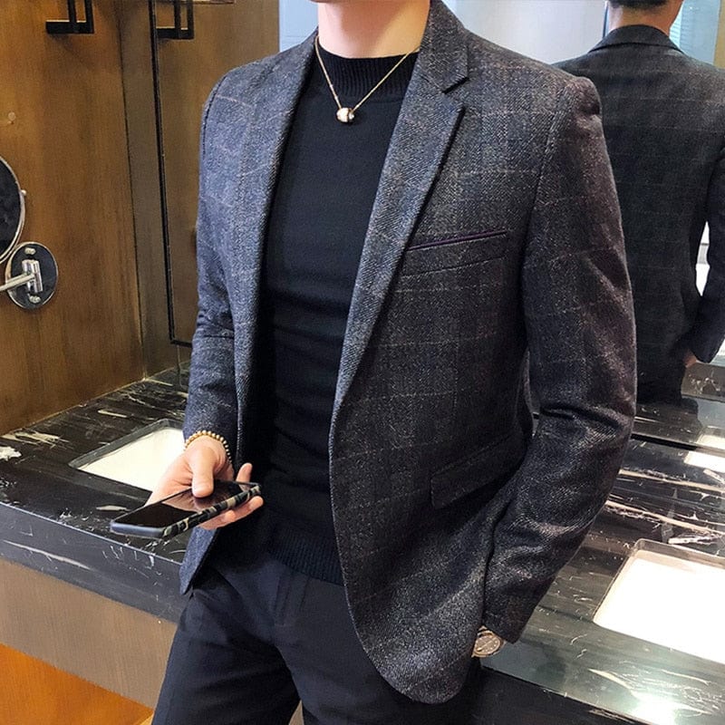 Men's Vintage Plaid One-Button British Blazer, Business Casual Jacket