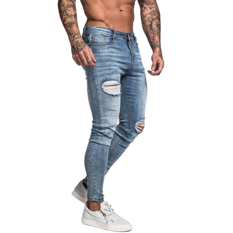 Men's Light Blue Distressed Super Skinny Stretch Jeans