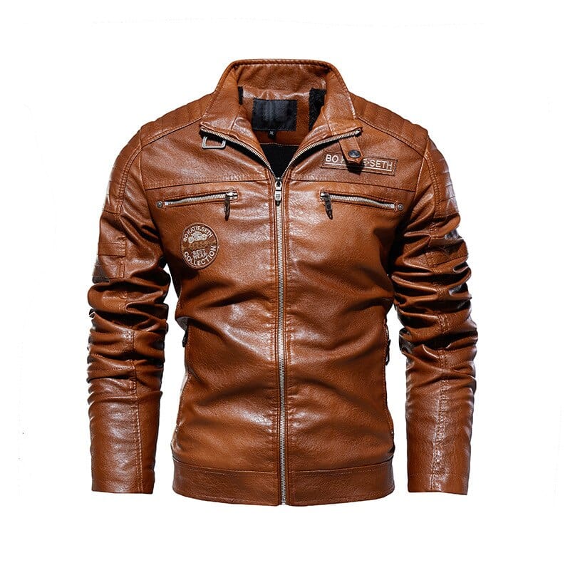 Men's Winter Fleece Faux Leather Motorcycle Stand-Collar Jacket