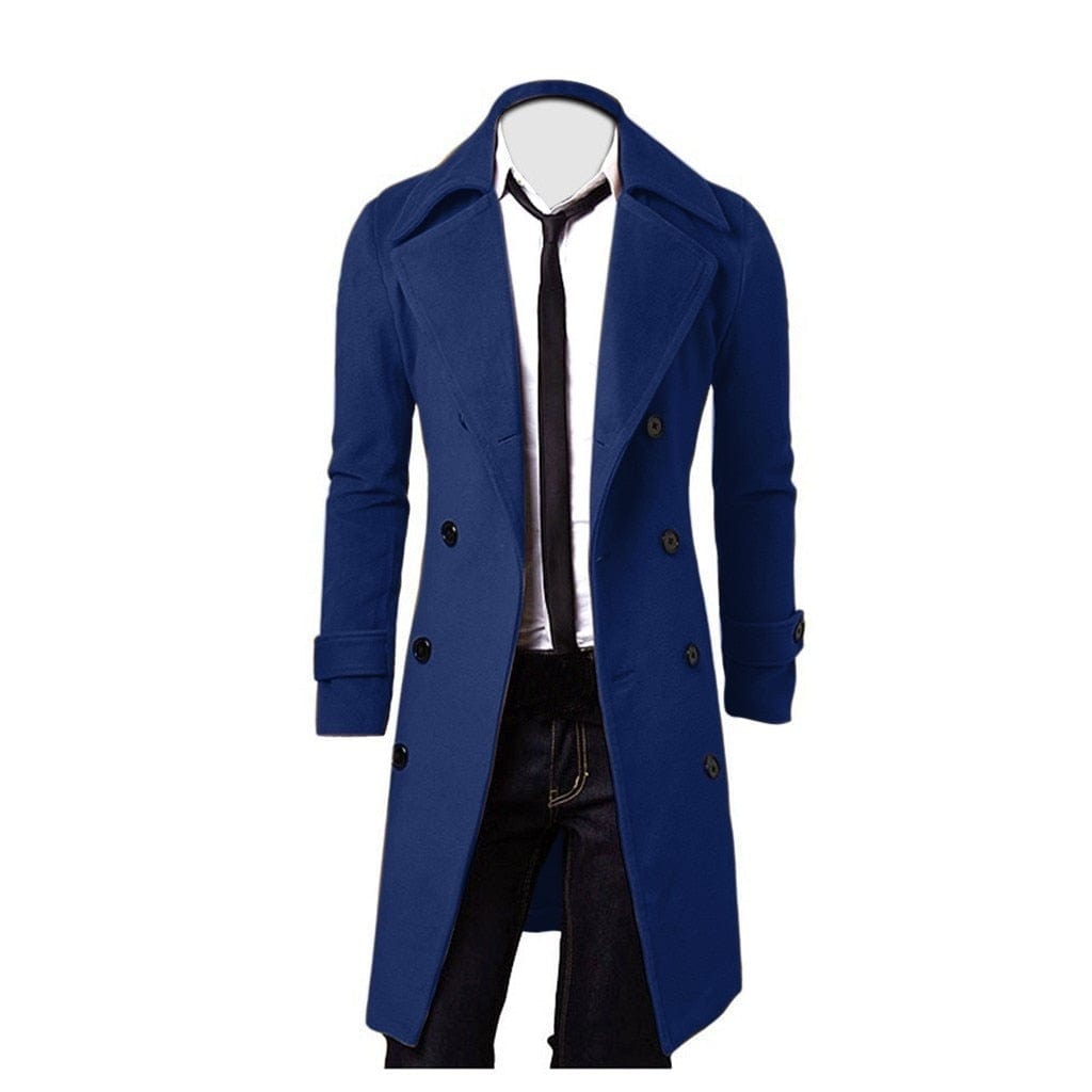 Men's Solid Color Double-Breasted Long Trench Coat
