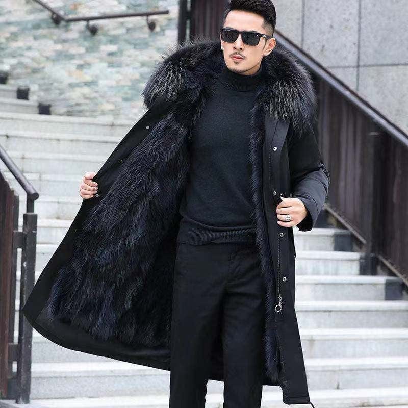 Men's Long Faux Fur Parka — Detachable Collar, Plush Lined