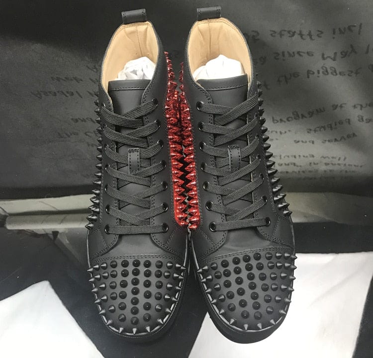 Men's Red-Sole High-Top Printed Leather Casual Black Sneakers