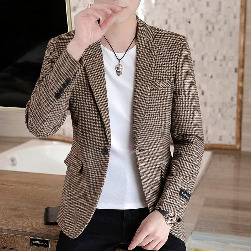 Men's Plaid Print Slim Fit Blazer Coat