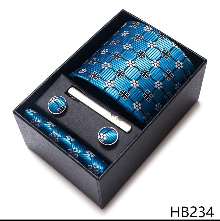 Men's Blue Gold Silk Tie, Handkerchief and Cufflink Set
