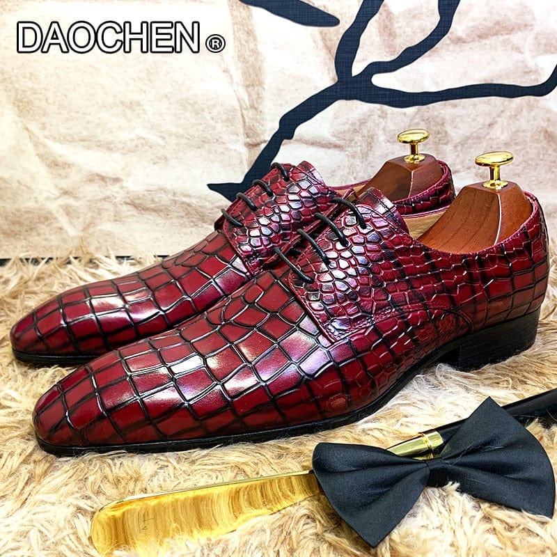 Men's Red Black Printed Leather Pointed Derby Oxford Dress Shoes