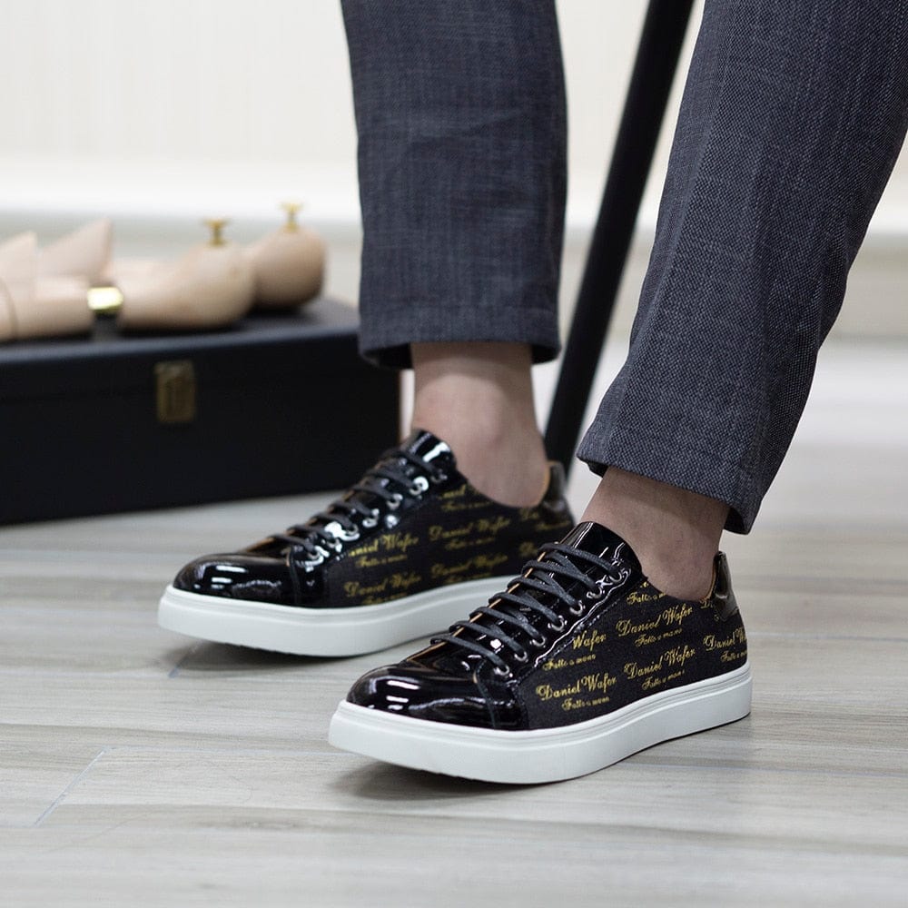 Men's Patent Leather Lace-Up Casual Flat Sneakers