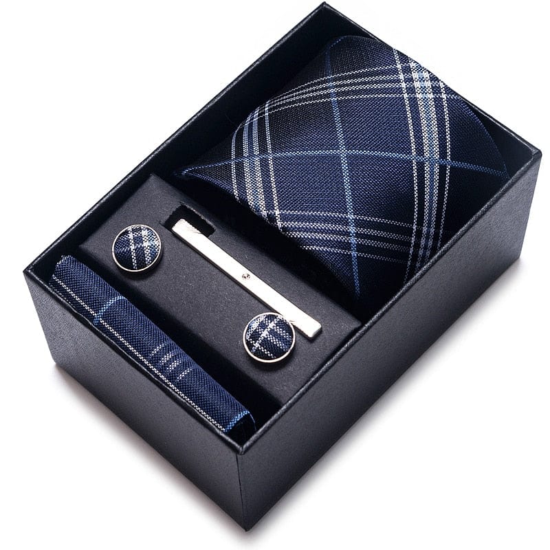 Men's Blue Gold Silk Tie, Handkerchief and Cufflink Set