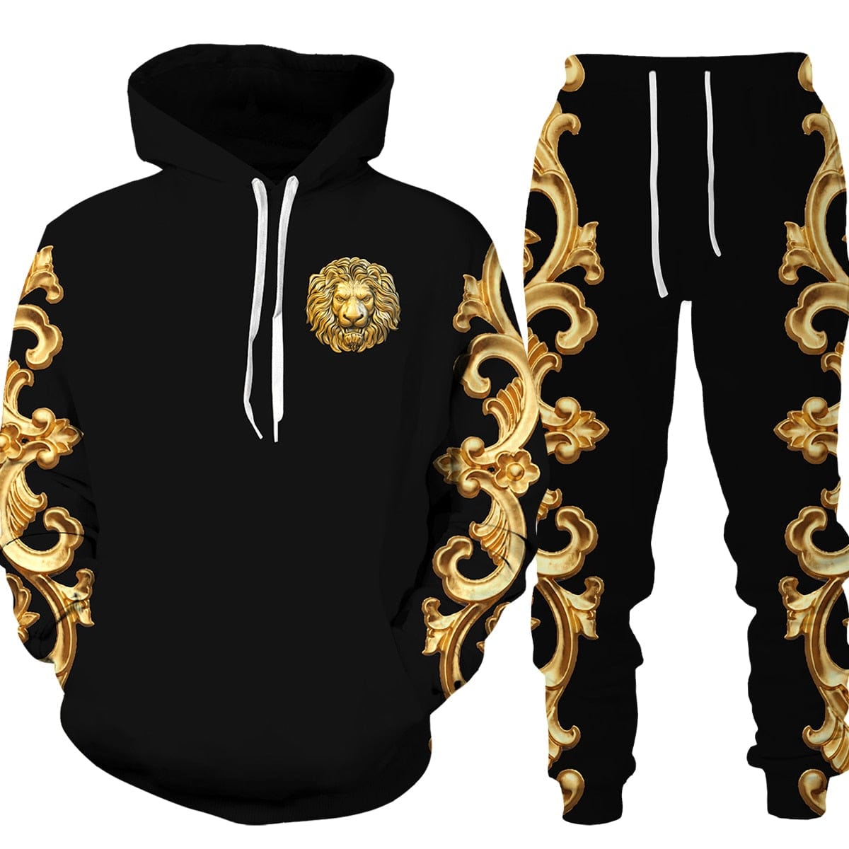 Men's golden pattern black hoodie and pants tracksuit set