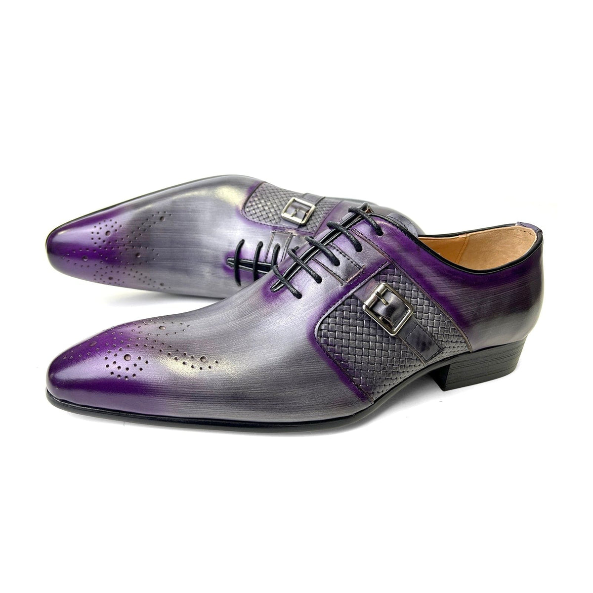 Men's Purple Mixed-Color Leather Pointed Brogue Oxford Dress Shoes