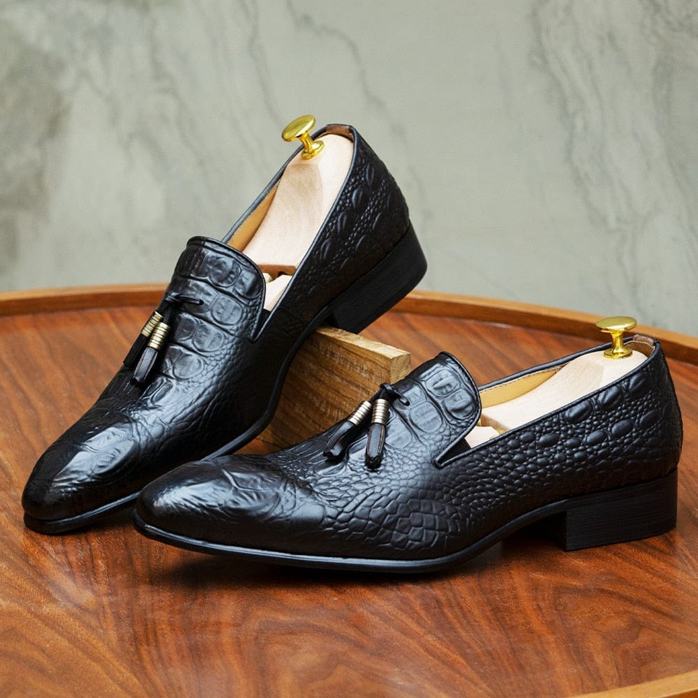 Men's Crocodile Print Black Brown Tassel Slip-On Leather Loafers