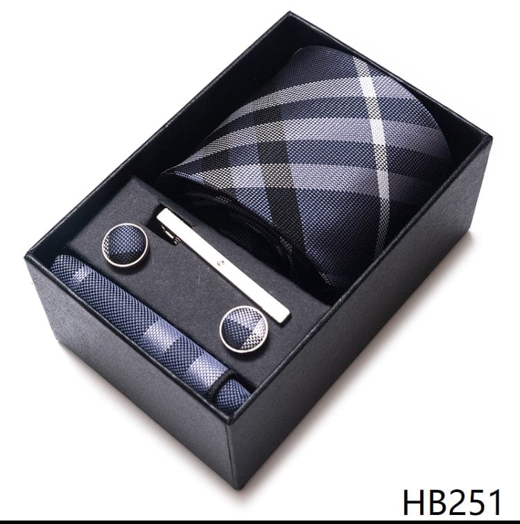 Men's Blue Gold Silk Tie, Handkerchief and Cufflink Set