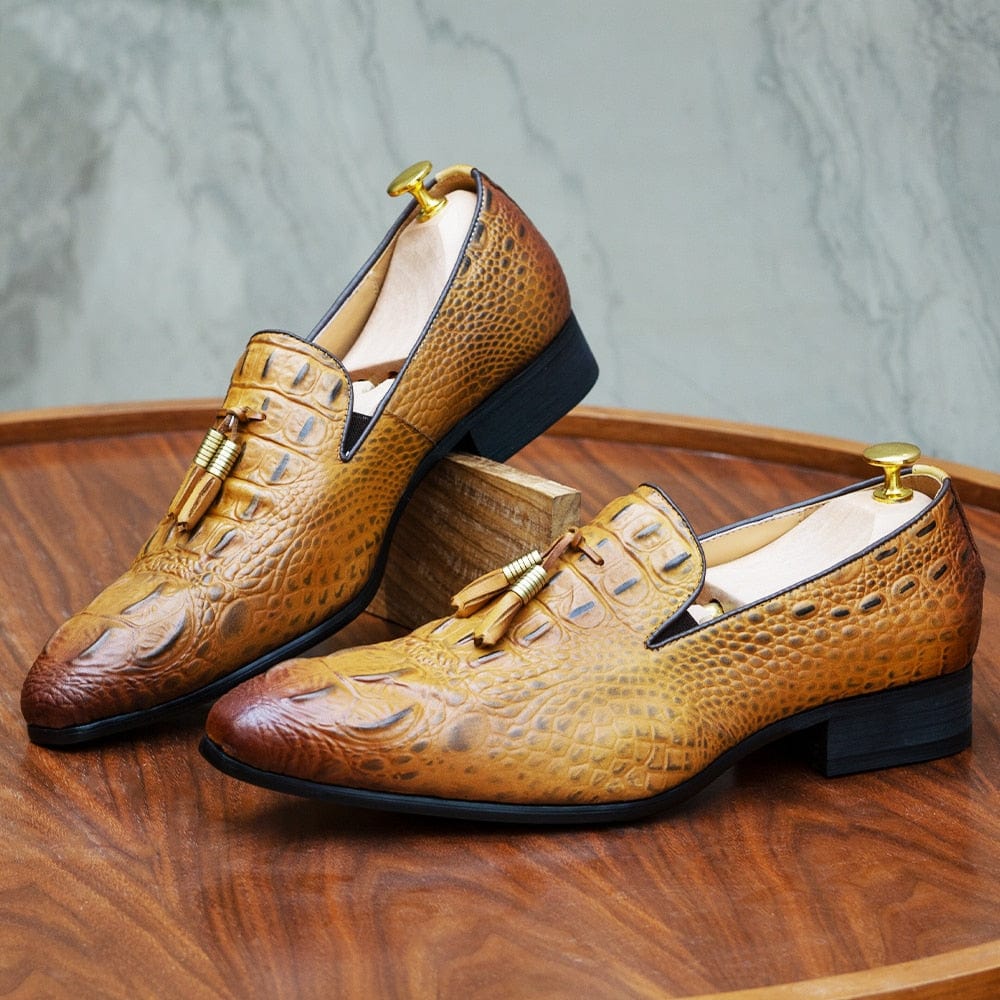 Men's crocodile print tassel loafers brown colorway