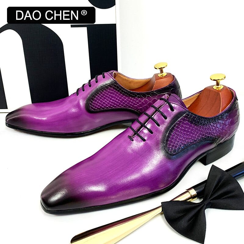 Men's Purple Black Snake Print Pointed Leather Oxford Dress Shoes