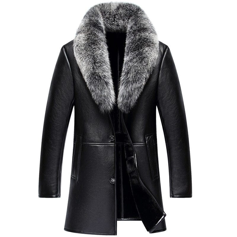 Men's Shearling Leather Long Coat with Faux Fur Collar