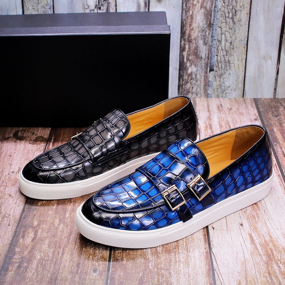 Men's Crocodile Print Monk Strap Slip-On Loafer Mules Gray Blue