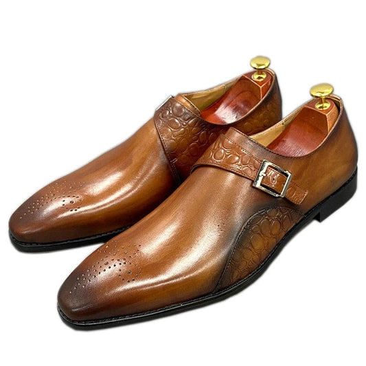 Men's Alligator Print Calf Leather Monk Strap Dress Shoes