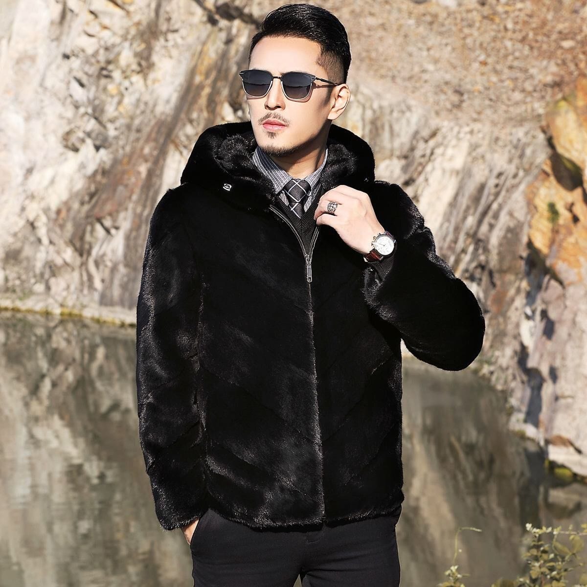 Men's Faux Mink Fur Lapel Warm Coat
