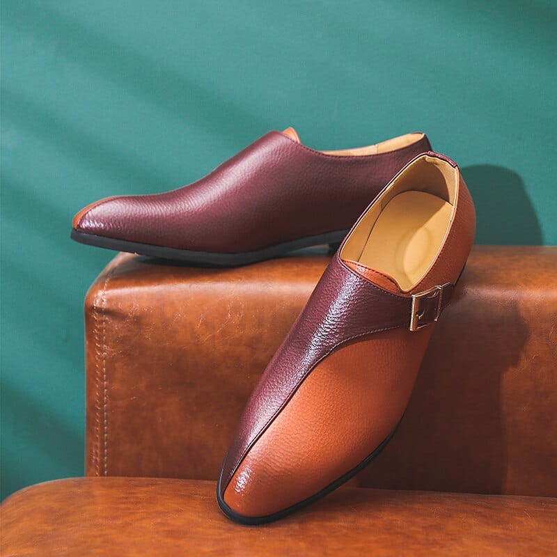 Men's Brown Buckle Mixed Color Handmade Dress Loafers